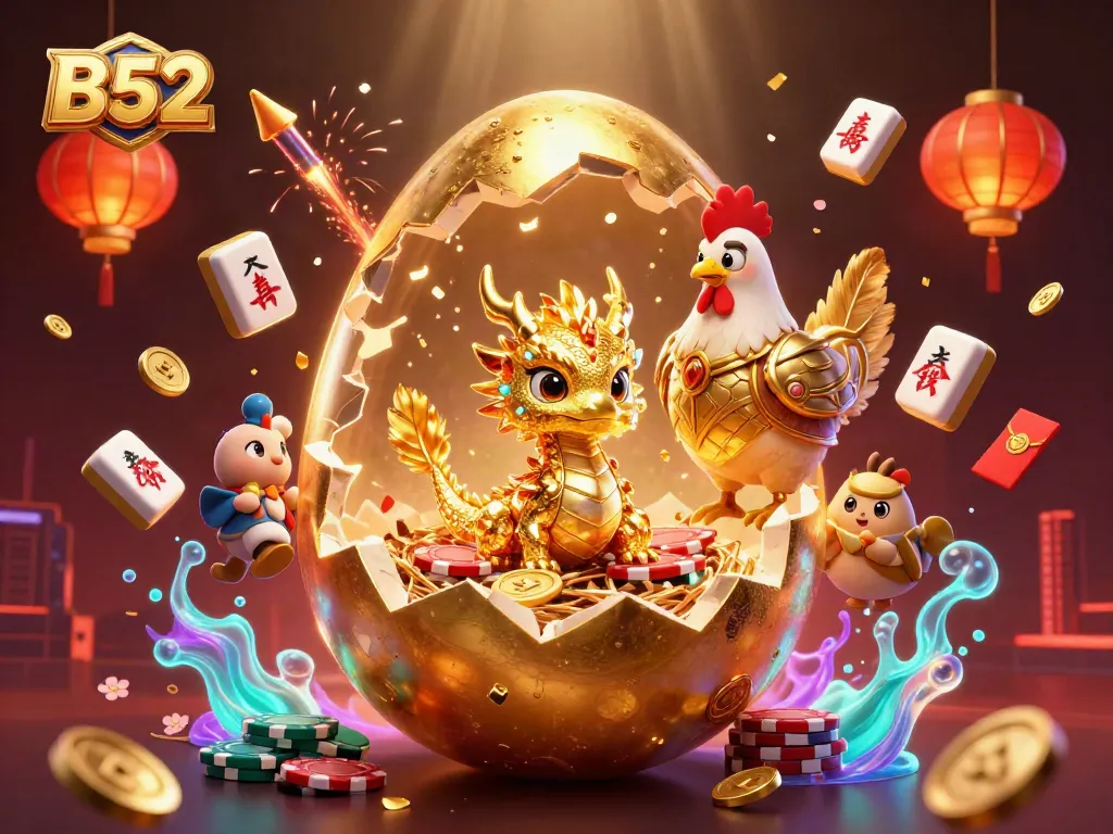 B52 captivates players with a vibrant 3D illustration of a golden dragon and poker chips, amidst a thriving casino atmosphere.
