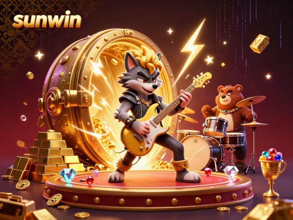 Experience the exhilarating thrills of sunwin with a cartoon rock star wolf and drummer bear on a vibrant casino stage.