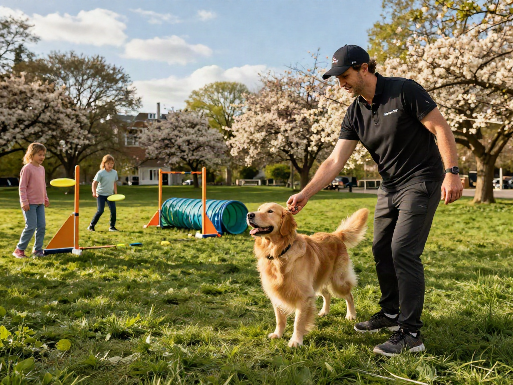 Golden retriever engaged in obedience training with treats in hand, highlighting the slot 10k approach to dog care.