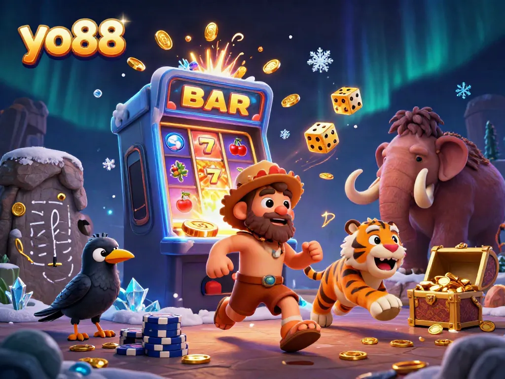 Experience thrilling wins at yo88 with a lively caveman and sabertooth tiger duo in a vibrant casino scene.