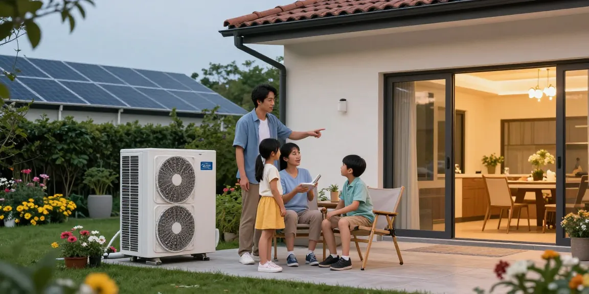 wärmepumpe kaufen while discussing energy-efficient home solutions with family in a sunny garden.