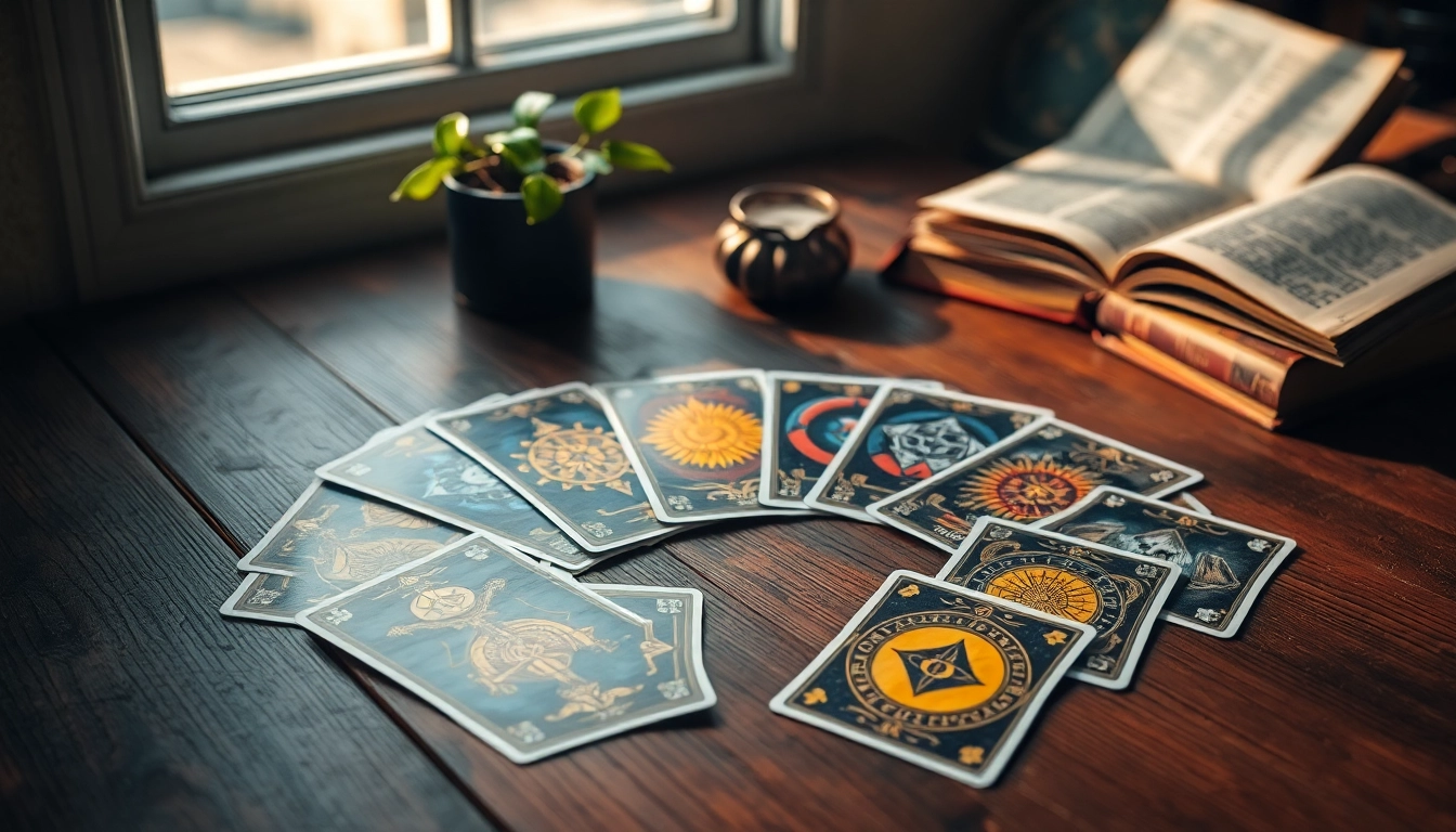 Tarotkarten bedeutung darstellt, die auf einem Holztisch ausgebreitet sind, mit lebendigen Farben und Symbolen.