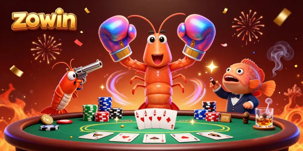 Zowin showcases a lively casino scene with vibrant characters and gambling elements in action.