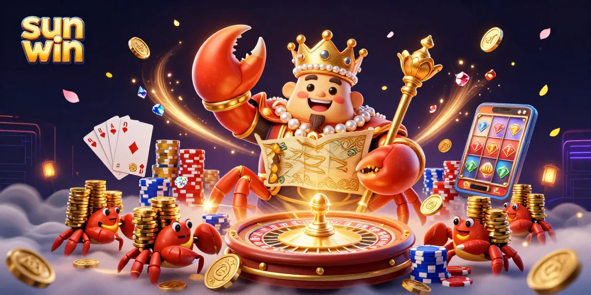 Experience sun win with a massive golden crab emperor surrounded by dazzling casino elements.