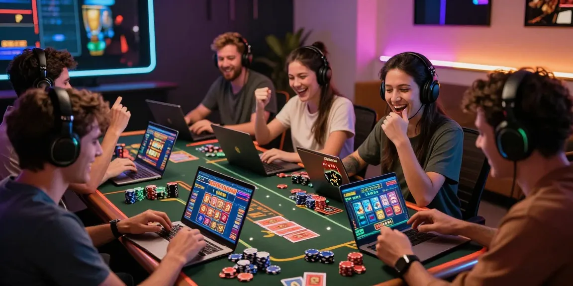 Players celebrating a jackpot win while gaming at https://b52club.radio.fm/ in a vibrant, cozy atmosphere.