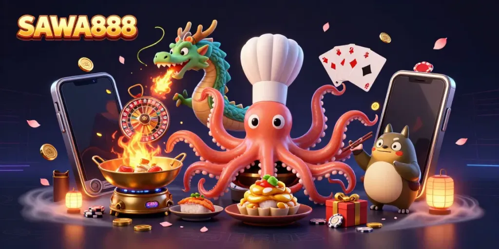 Experience thrilling moments at SAWA888 with an animated octopus chef and dragon among exciting casino games.