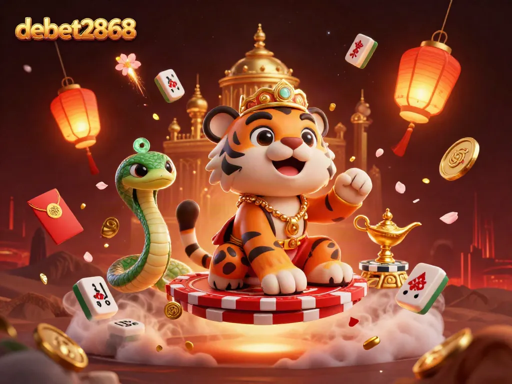 Experience the vibrant world of debet2868 with a dynamic Arabian Nights casino scene featuring a tiger sultan.