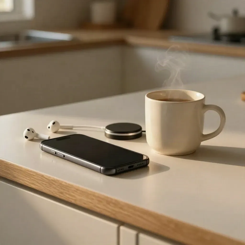 Smartphone, Ohrhörer und Kaffeetasse auf heller Küchenarbeitsfläche, morgendlich und still.