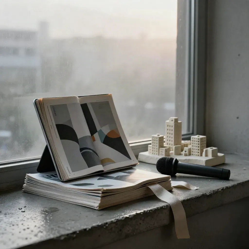 Magazin-Mockups, Tablet, Mikrofon und Gipsstadt auf Beton im Morgenlicht mit Petrolband.