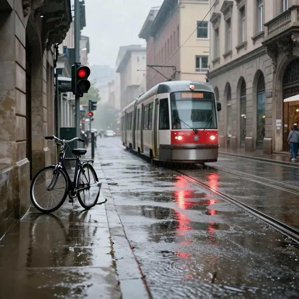 Nasse Tramkreuzung mit Fahrrad, roter Spiegelung und Regenfilm in der Innenstadt.