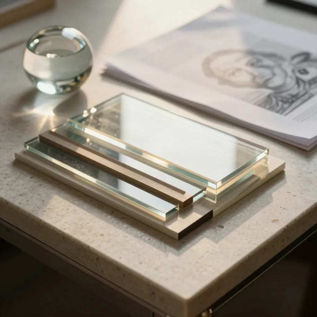 Transparente Acrylbalken, Glasbriefbeschwerer und Korrekturfahnen auf hellem Analysedesk.