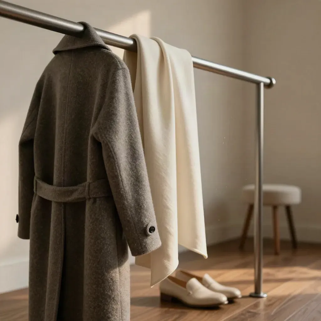 Nahaufnahme einer Garderobenstange mit Wollmantel, Schärpe, Schuhen und Hocker in hellem Raum
