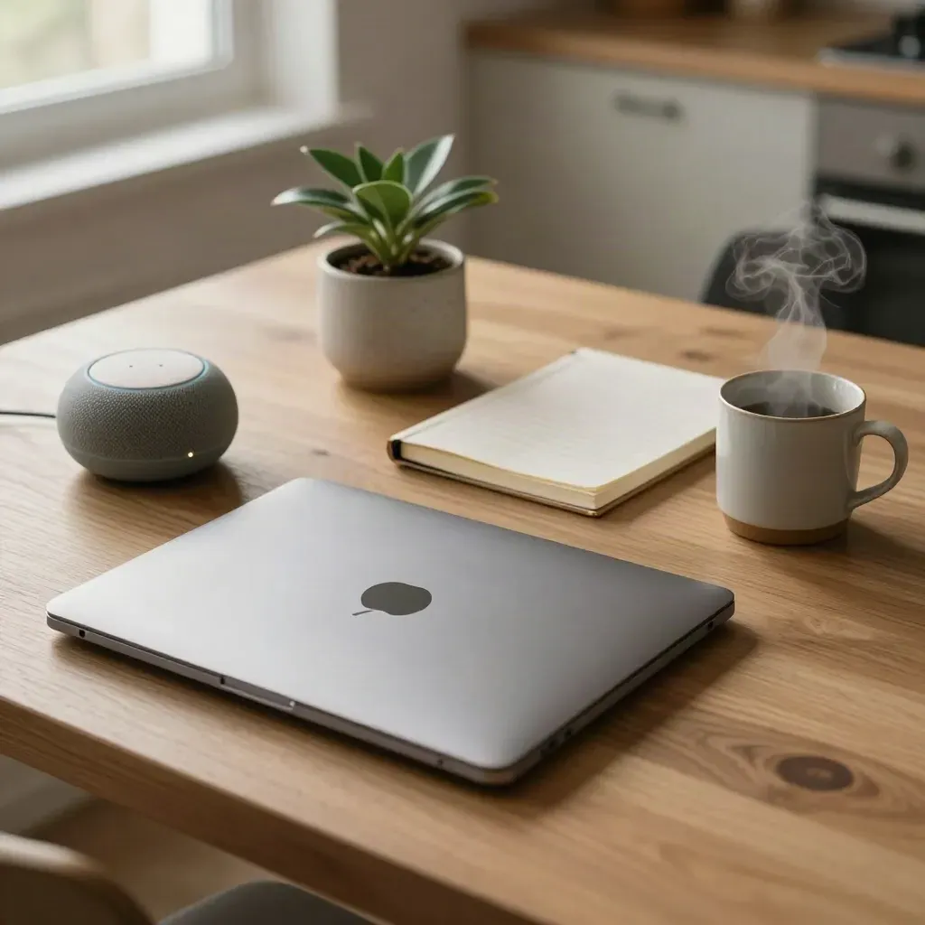 Von oben: Laptop, Sprachassistent, Notizbuch, Pflanze und Tasse auf warmem Küchentisch.