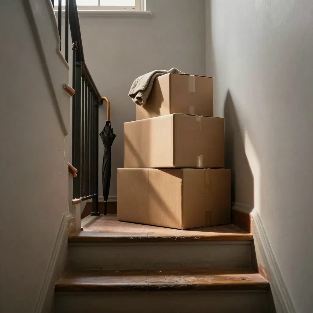 Enger Altbau-Treppenabsatz mit Umzugskartons, Heizkörper und Schirmständer im warmen Fensterlicht.
