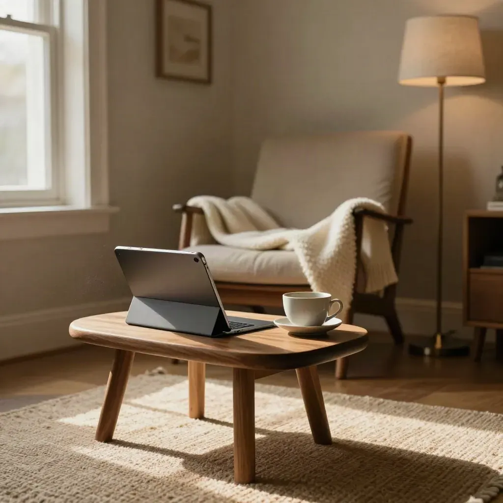 Ruhige Leseecke mit Tablet, Stehlampe und Wollwurf im warmen Nachmittagslicht.