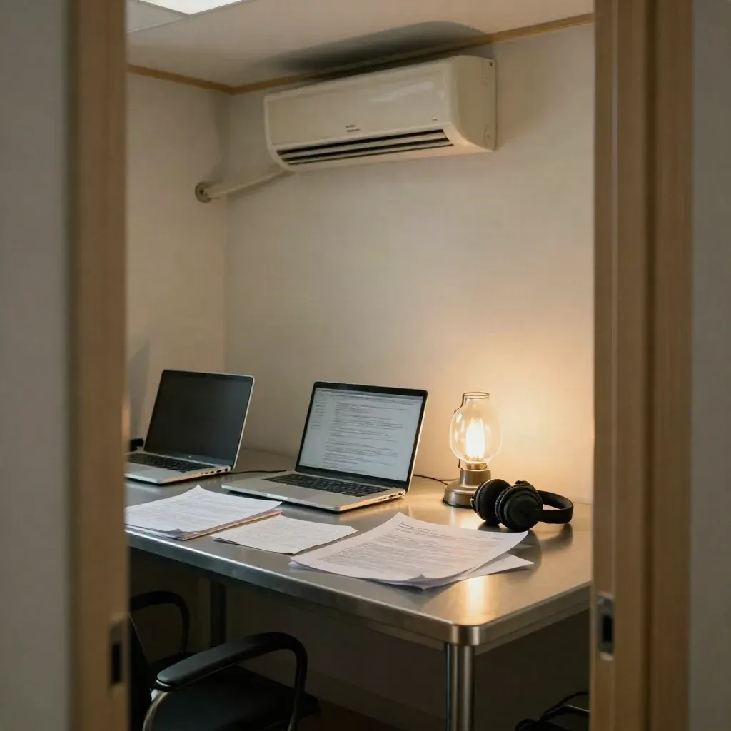 Leerer Redaktionsraum mit Laptops, Korrekturfahnen, Kopfhörern und leuchtender Lampe.