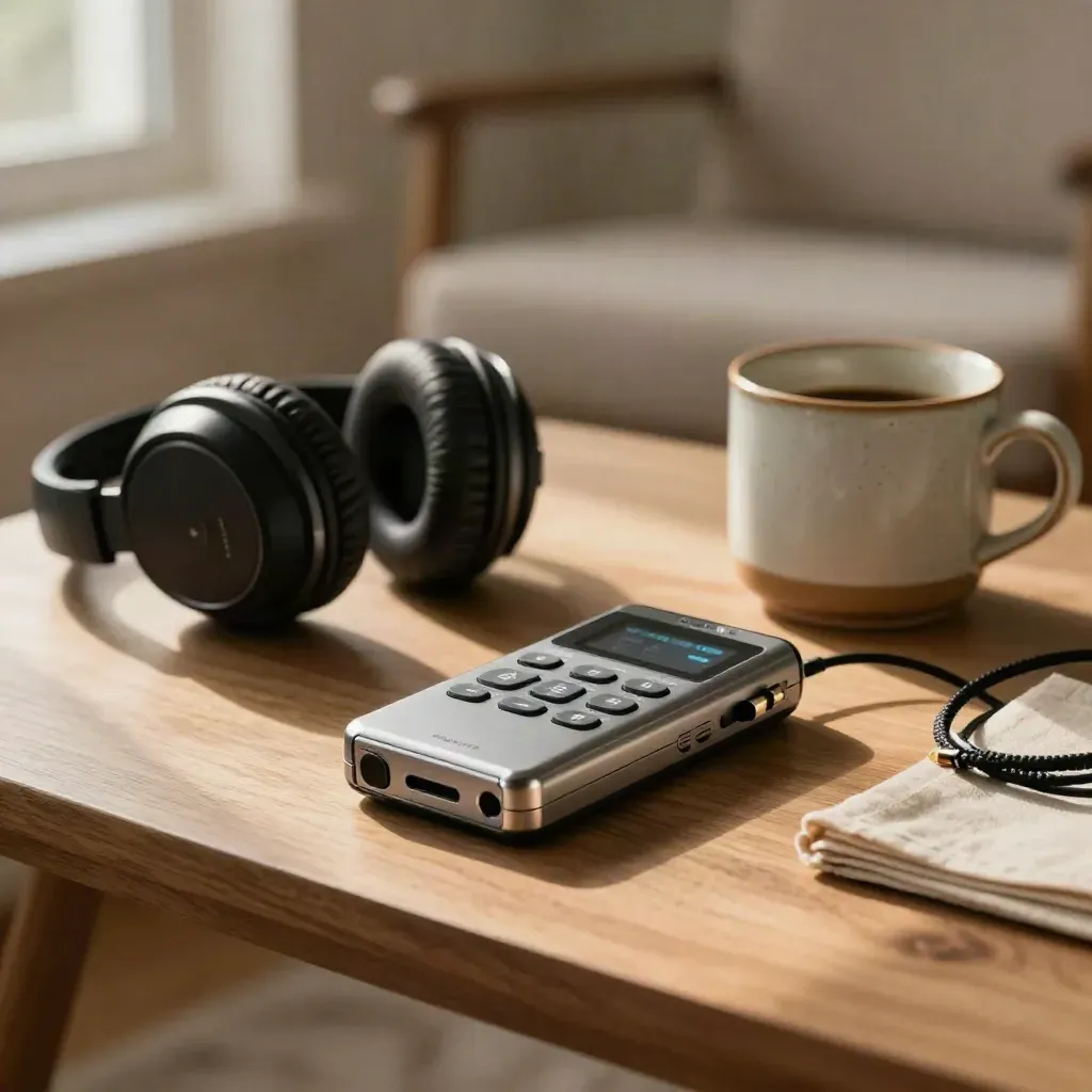Podcast-Recorder, Kopfhörer und Tasse auf Holztisch im warmen Fensterlicht.