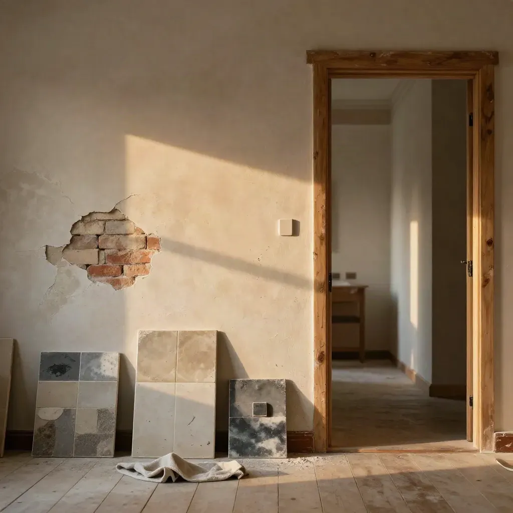 Renovierungszone in einer Altbauwohnung mit freigelegter Wand und Staub im Licht