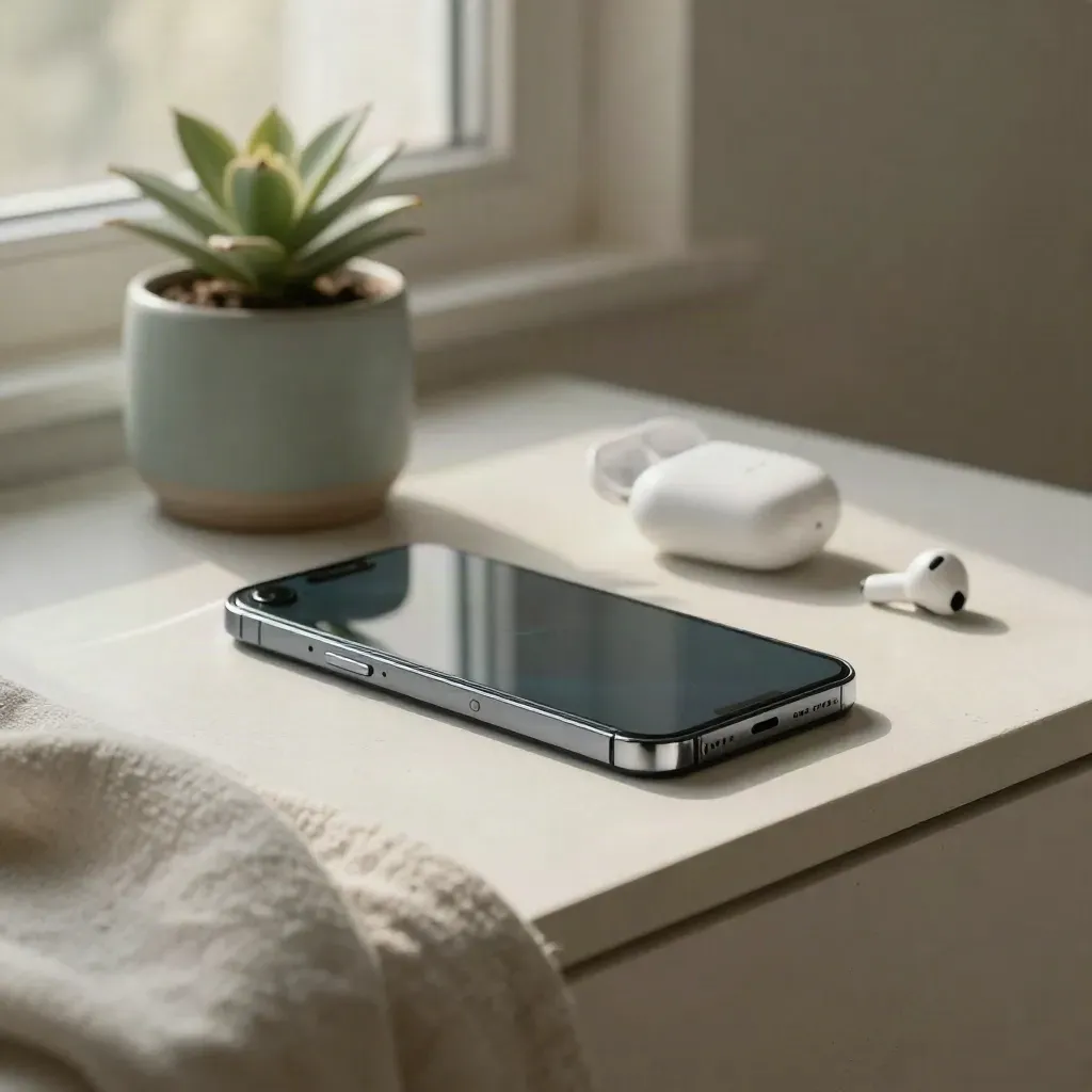 Smartphone, Ladekreis, Ohrhörer und Pflanze auf hellem Sideboard im ruhigen Tageslicht.