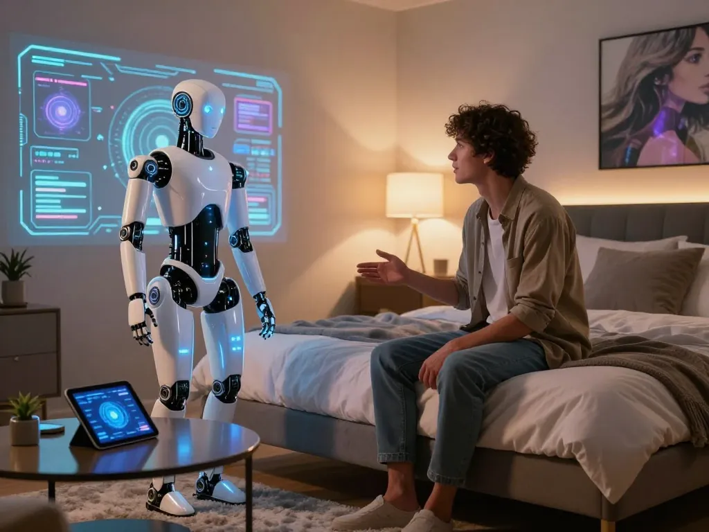 Person interacting with a humanoid sex bot in a modern bedroom, showcasing emotional connection and innovative AI technology.