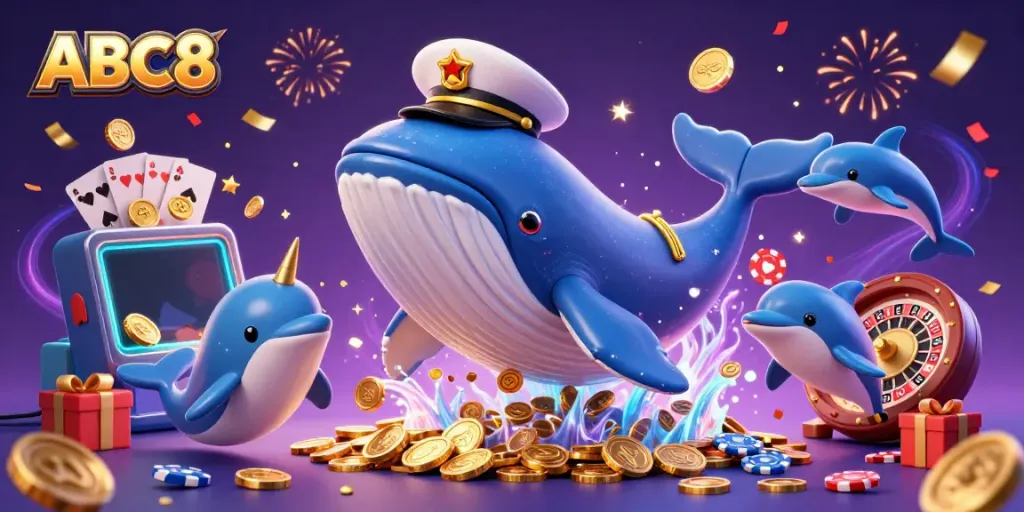 Engage with the thrilling world of ABC8 as a colossal whale unveils coin treasures, accompanied by a narwhal and dolphins amidst casino delights.