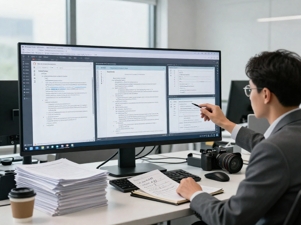 Document fraud detection in a modern office with an investigator analyzing digital documents and AI tools.