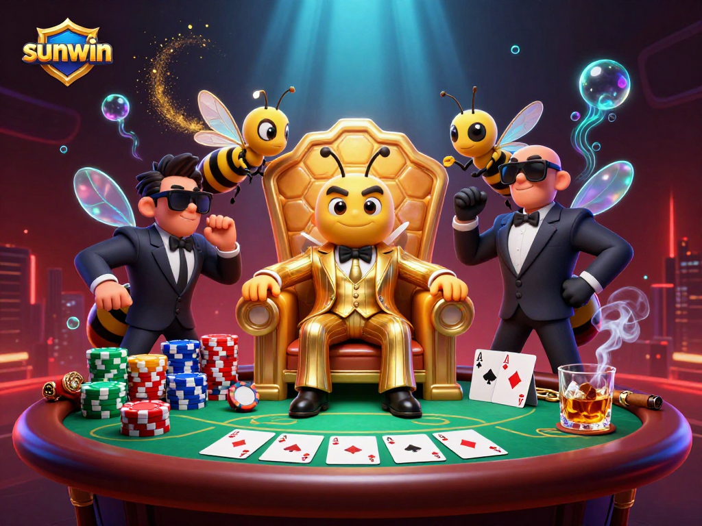 Experience thrilling poker action at sunwin with a cartoon bumblebee mob boss in a vibrant casino scene.