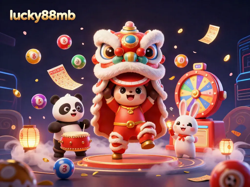 Experience the excitement at lucky88mb with vibrant characters, lottery balls, and festive decorations in a dynamic casino setting.