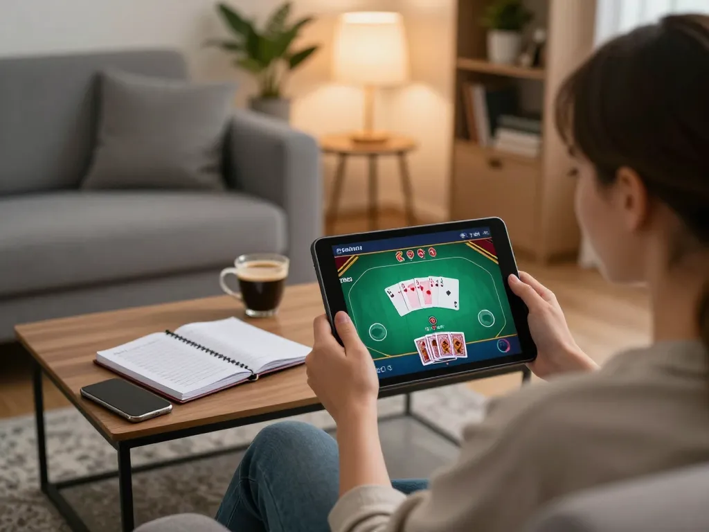 Engaging online poker gameplay using 98winlive on a tablet in a cozy home setting.