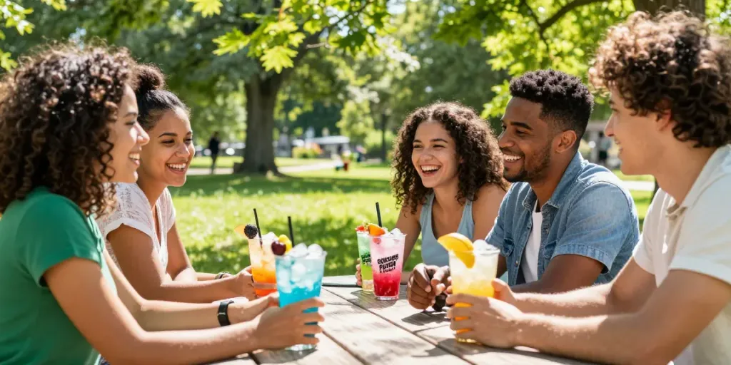 Friends enjoying rokok88 slot drinks during a sunny picnic.