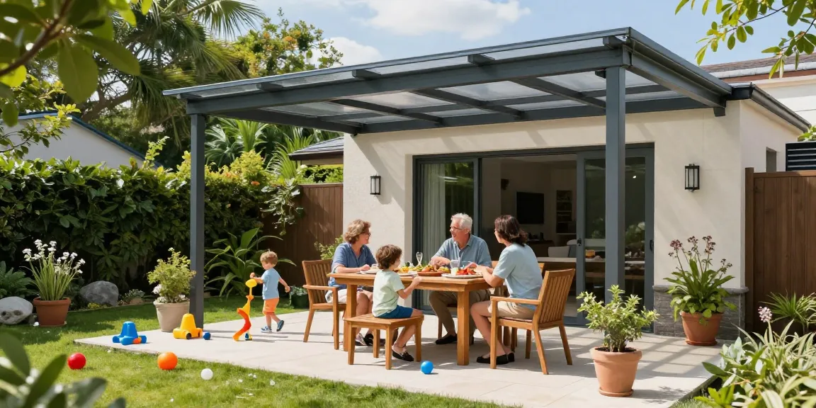 Moderne freistehende Terrassenüberdachung mit Familie im Garten bei sonnigem Wetter