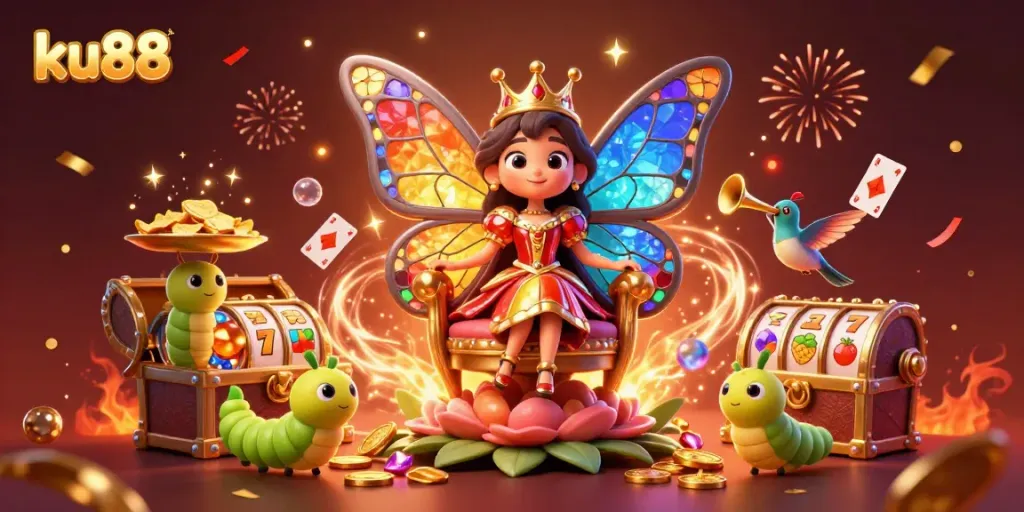 Join the ultimate ku88 casino adventure with vibrant characters amidst treasures and game elements.