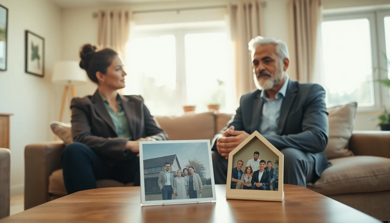 Hausverkauf bei Scheidung: Couple discussing home sale in a modern living room.