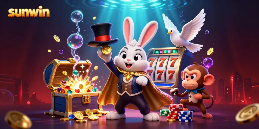 Experience the thrill of sunwin with a playful magician rabbit and vibrant casino elements.