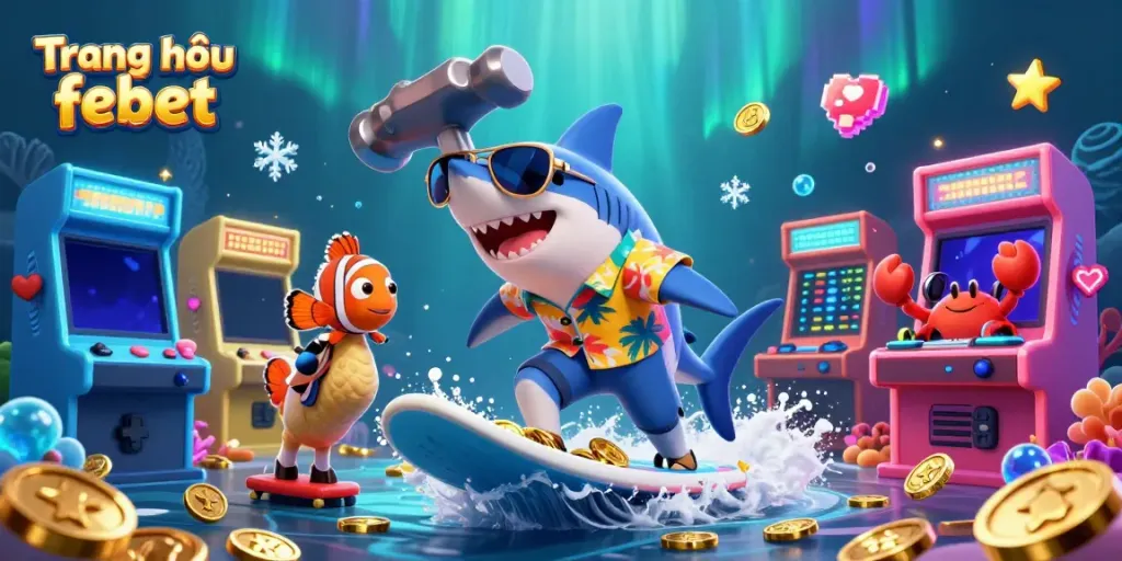 Experience the excitement of Trang chủ febet with a lively scene of characters surfing on gold coins, representing online casino fun.