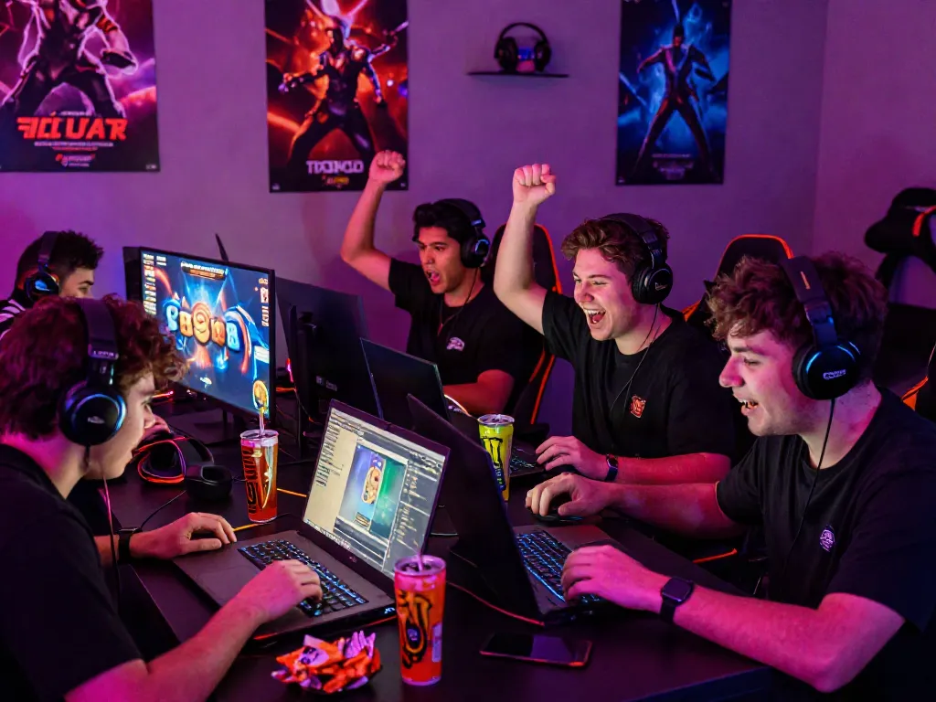 Friends celebrating a win while playing slot88 online games in a vibrant gaming room.