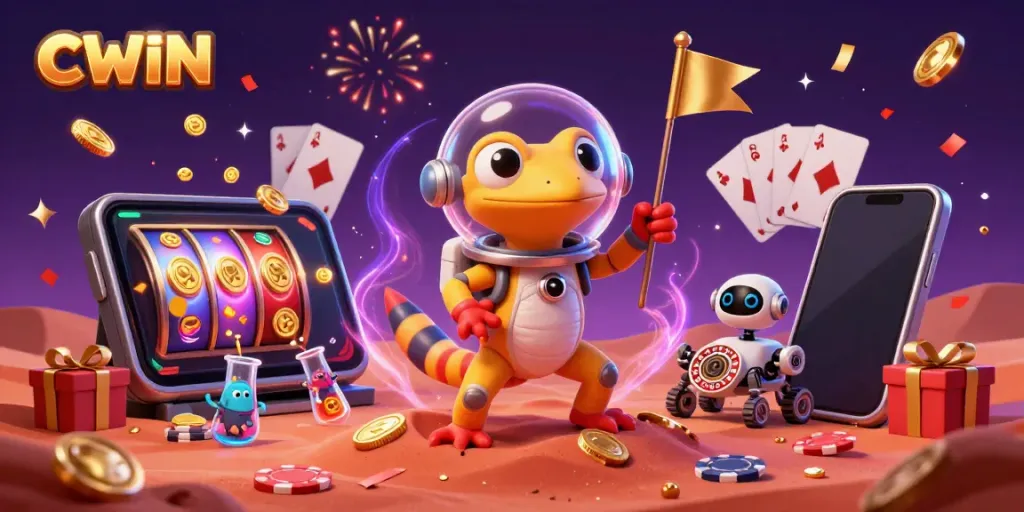 CWIN collaboration with a Martian gecko celebrating in a golden casino amidst vibrant gaming elements and cheering characters.