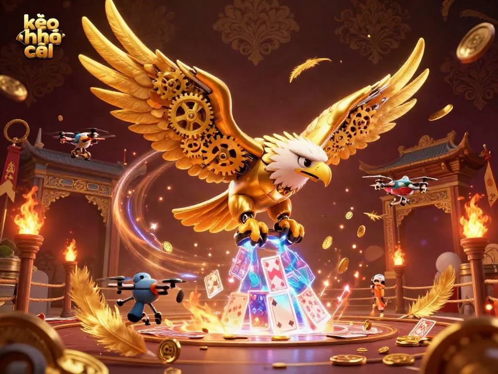 Engaging kèo nhà cái scene with a cybernetic golden eagle diving through playing cards.