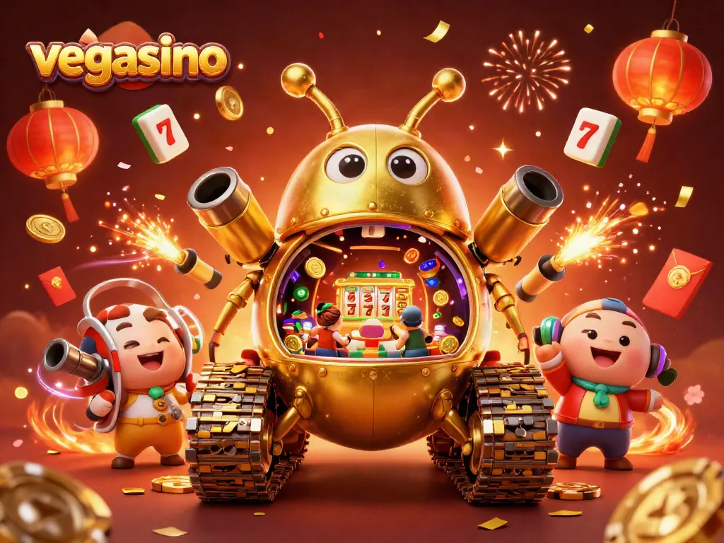 Engage with vegasino's vibrant casino atmosphere featuring a golden beetle tank and festive elements.