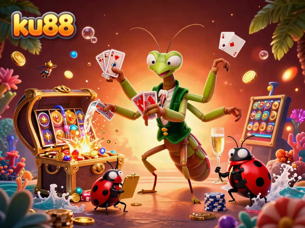 Experience the thrill of ku88 with a dynamic casino scene featuring card dealers and vibrant game elements.