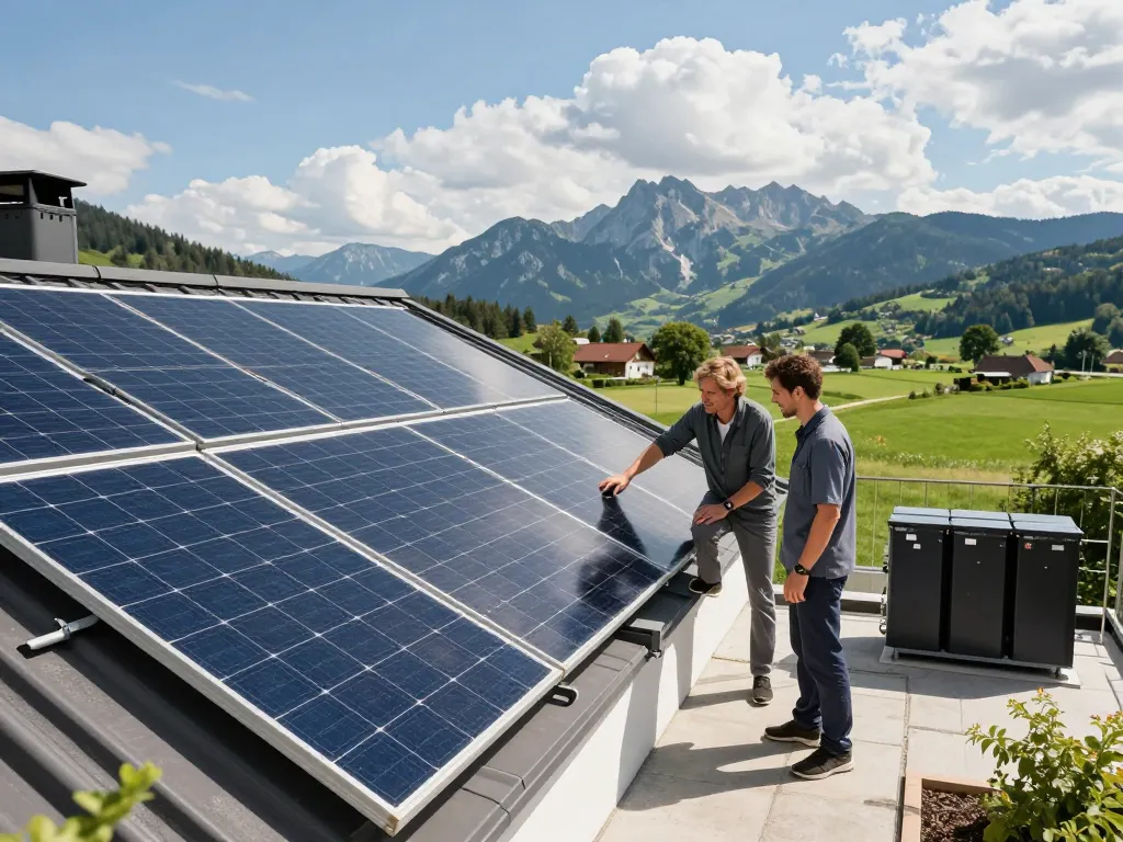 Installation von Photovoltaik in Bayern auf einem bayerischen Dach, das Solarpanels zeigt und das Engagement der Hauseigentümer hervorhebt.