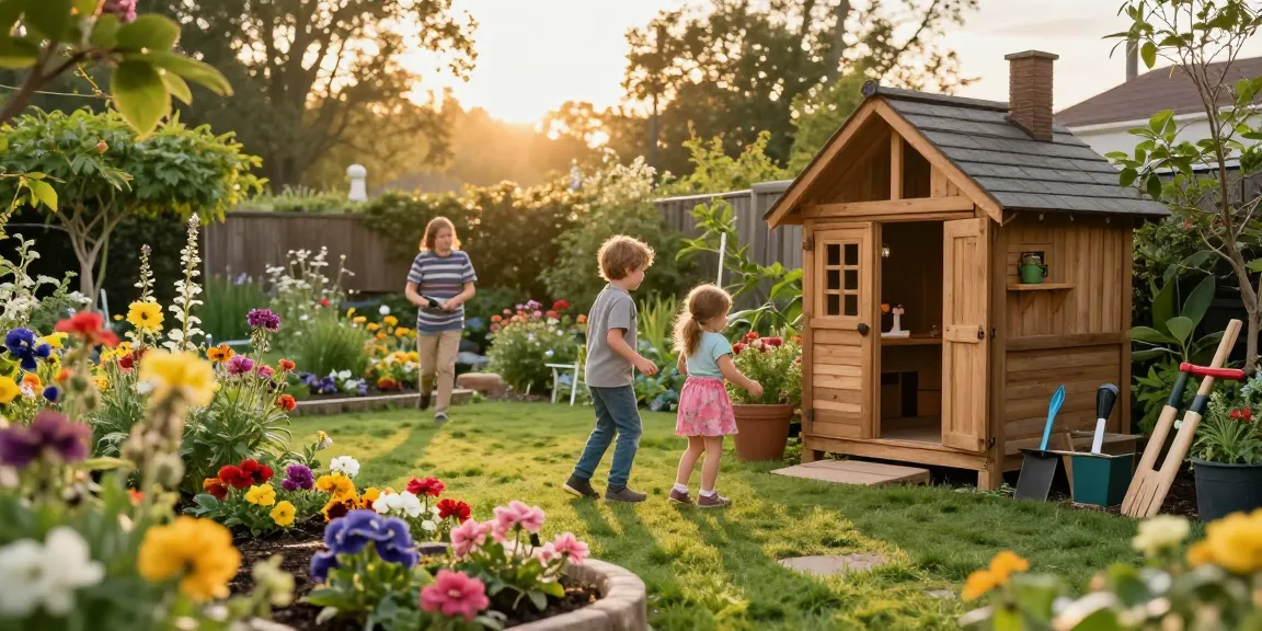 Familie verbringt Zeit im Garten neben einem Gartenhaus mit bunten Blumen.