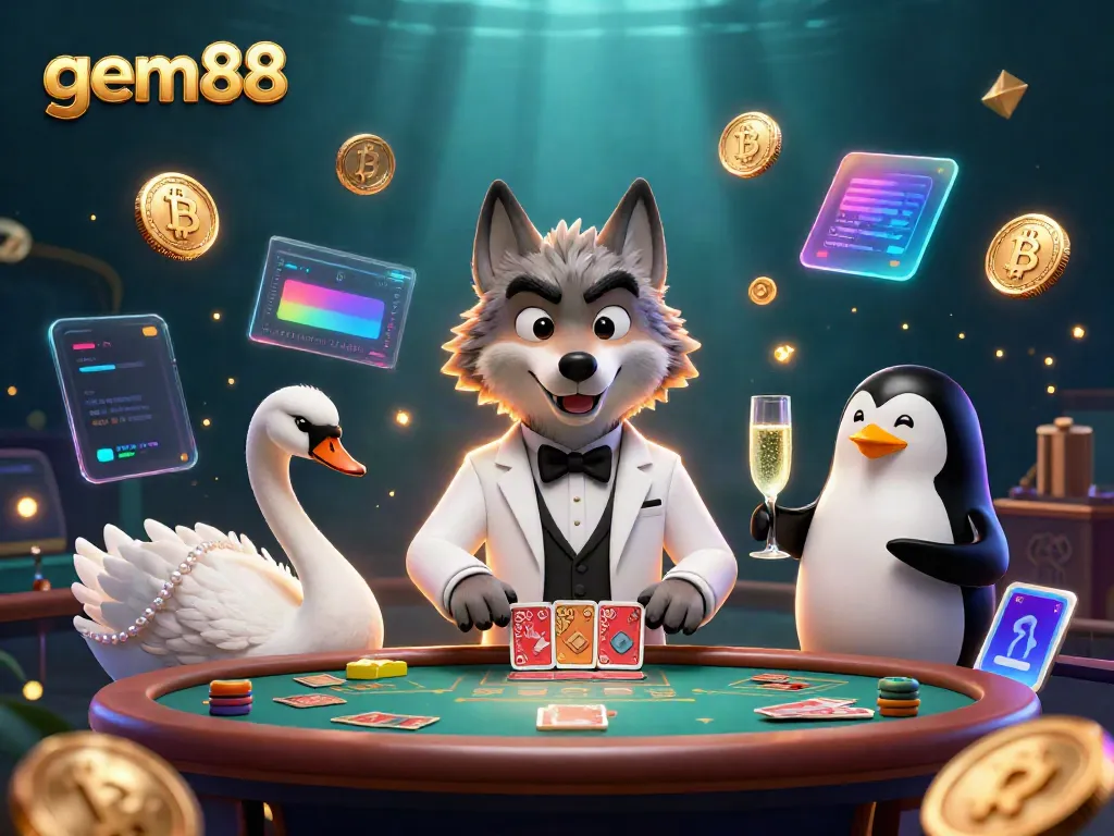 Experience thrilling gameplay with gem88, as a wolf, swan, and penguin showcase Baccarat under disco lights.