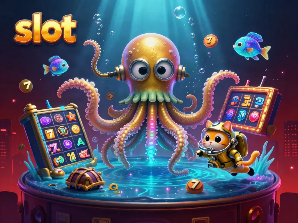Experience thrilling slot gaming with our vivid 3D scene featuring a kraken, diving cat, and slot reels.