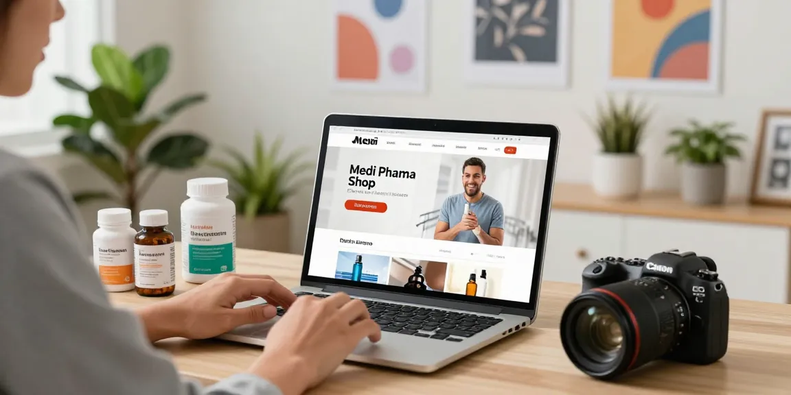 Durchsuchen des Medi Pharma Shops online nach hochwertigen Gesundheitsprodukten in einem modernen Arbeitsplatz.