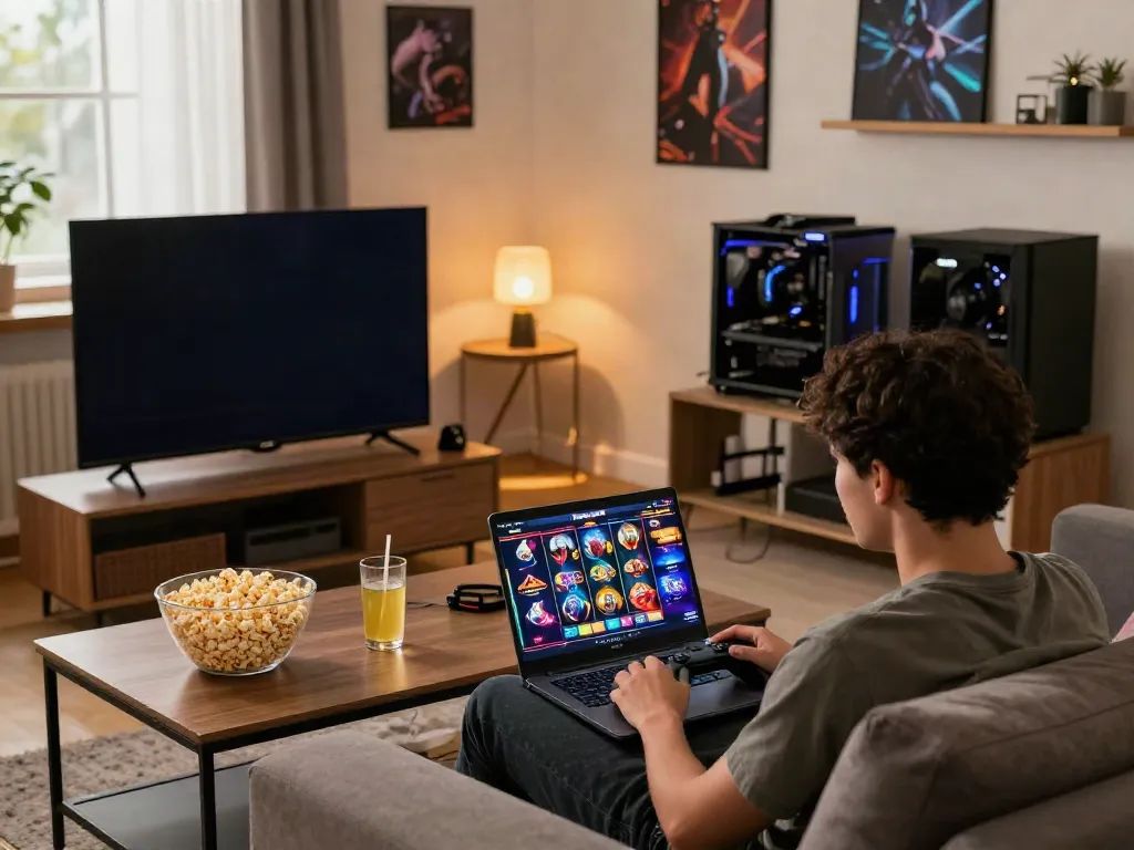 Engaging gaming experience on https://choinohu.vip/ in a modern living room with colorful slot game.