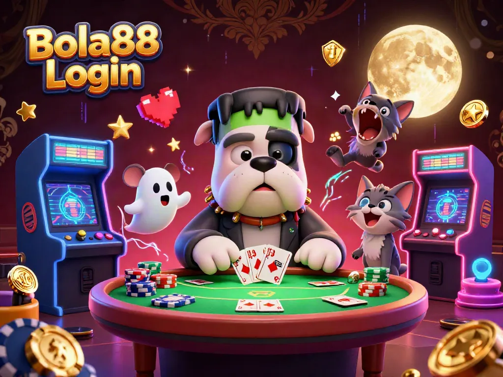 Engage in exciting gaming with the Bola88 Login at a vibrant, thrilling casino scene featuring unique characters.