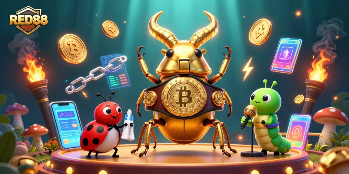 Bet on RED88 with dynamic casino illustration featuring golden stag beetle and vibrant gaming elements.