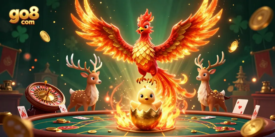 Engage with go8 com amidst a vibrant live casino setting featuring a phoenix and betting elements.