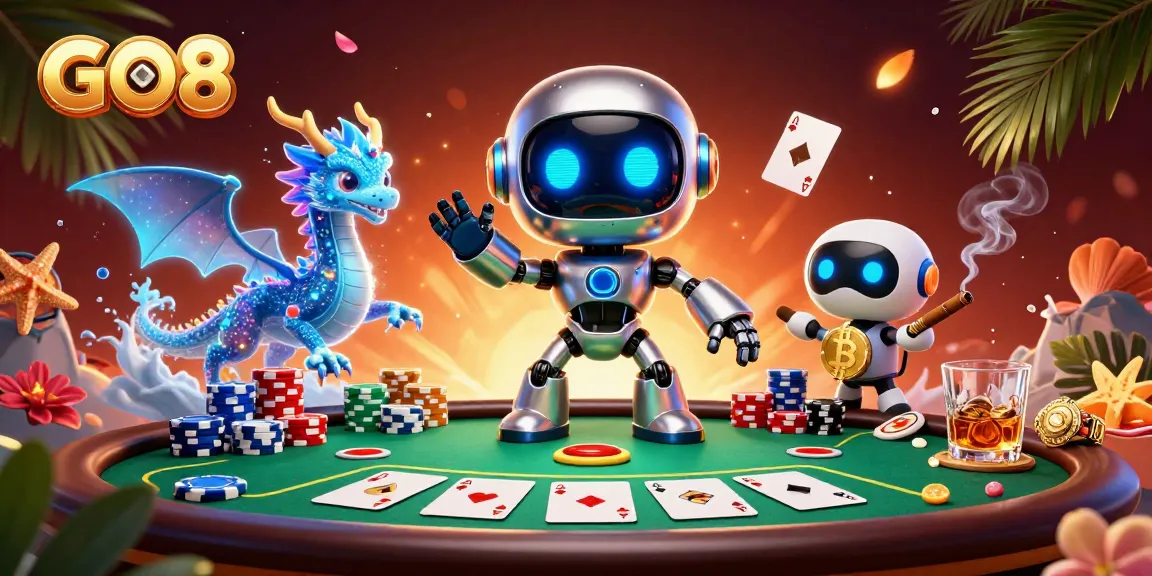 Engage in thrilling poker action with GO8 at a vibrant casino illustration showcasing dramatic game elements.